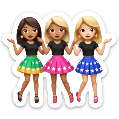 Three 3D cartoon women dancing in colorful skirts and black tops with stars, cheerful expressions, bright background, Memoji-style rendering. sticker