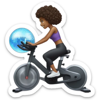 Girl riding a spin bike with a disco ball sticker