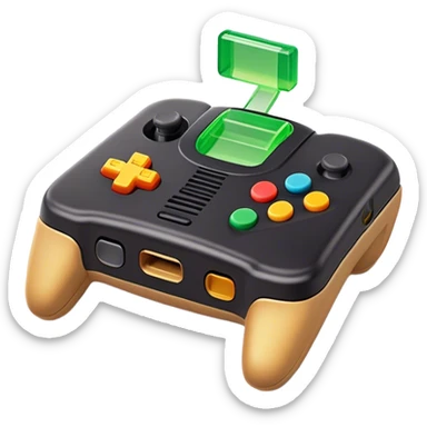 Clash of Clans aesthetic: Cinematic Playful Nintendo 64 Console Portrait Emoji, rendered in a 3D vector-style similar to standard emojis with minimal shading and bold, simplified shapes. A compact, distinct form with signature details, softly glowing with a nostalgic gaming charm. Simplified yet unmistakably iconic, highly detailed and consistent, glowing with a soft radiance and high shine. Stylized with a touch of retro gaming magic and a soft glowing outline, capturing the essence of a beloved gaming relic with a friendly, playful manner! sticker