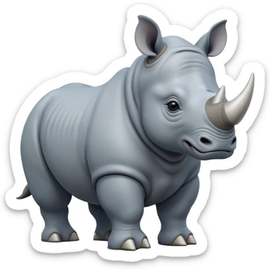 cinematic-rhino-full-body-standing-emoji,white horn, slate grey/blue skin -massive-body-poised-powerfully,-thick-horn-curving-slightly-forward,-head-tilted-dramatically,-rough-grey-hide-covered-in-dust,-simplified-focused-features, large cute black eyes sticker
