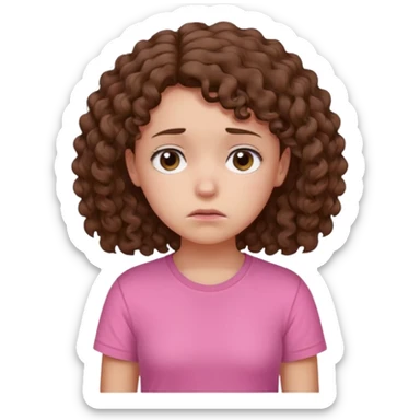 Young girl with curly hair and a pink T-shirt, looking sad and discouraged sticker