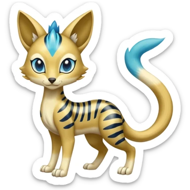 Colorful Golden-gradients Shiny smooth glossy soft elegant Meloetta-Sergal-Genet-Pokémon-Digimon-Fakémon-fusion-hybrid-creature with Cyan stripes and blue leopard-spot-markings  sticker