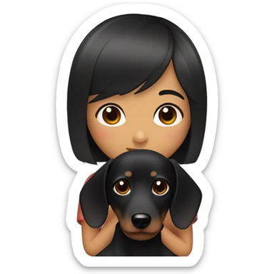 Asian woman with black bob bangs hugging black dachshund sticker