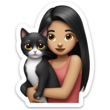 girl with straight black hair cuddling black and white cat with tongue out sticker