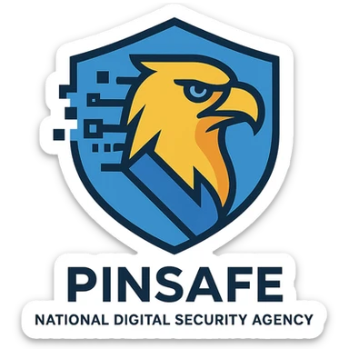 abstract eagle head logo for Pinsafe national digital security agency, digital pixel and data stream effects, shield outline, professional authoritative look sticker