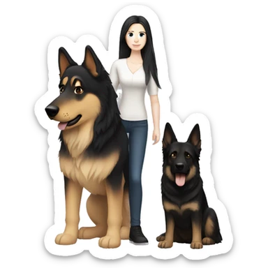 pale skin woman with long black hair standing by a german shepherd  sticker
