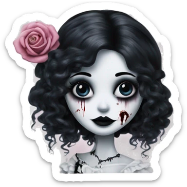PINK LANDSCAPE PICTURE WITH FRAME: full height, tim burton "corpse bride", porcelain doll with a cracked face, goth makeup watery eyes, long hair, lace and ruffles, lolita style, inked, black and white, red roses sticker