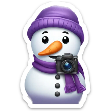 cute snowman with a purple hat and purple scarf holding a camera  sticker