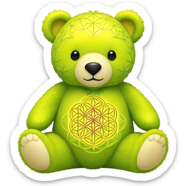 neon green bear with the flower of life on its tummy in ywlloe sticker