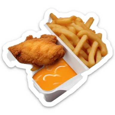 3 chicken tenders with crinkle fries and orange sauce on the side in a styrofoam container styrofoam container sticker