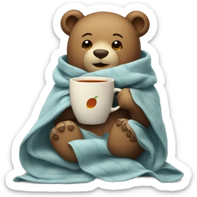 A cute bear wrapped in a blanket with a cup of tea in his hand. sticker