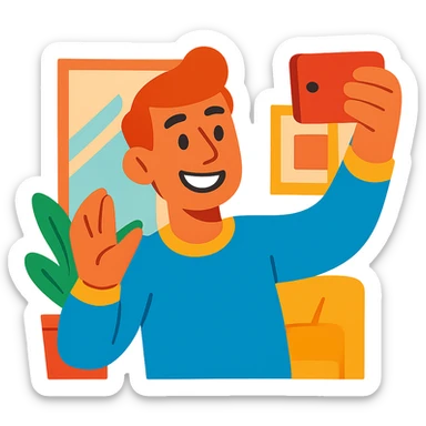 smiling guy taking a selfie indoors, vibrant and friendly style sticker
