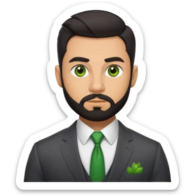 green eyes, dark short hair, muscular shoulders, big lips big nose big eyes, masculine good looking, dark beard wearing a suit buttons of the shirt open and olive skin tone  sticker