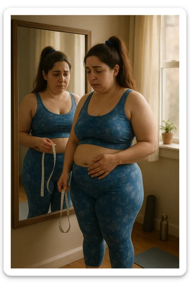 A realistic, cinematic illustration of a woman in her early 30s with a slightly rounded body shape, standing in front of a mirror in a softly lit bedroom, looking at her reflection with a thoughtful, slightly discouraged expression. She is wearing comfortable home workout clothes, holding a tape measure in one hand loosely, while her other hand gently touches her belly area, showing her frustration with slow weight loss progress. The room is cozy, with natural light filtering in, a yoga mat rolled up in the corner, a water bottle, and a small plant on the windowsill. The scene captures the emotional struggle and quiet determination of a woman facing difficulties in losing weight despite her efforts, with warmth and dignity. sticker