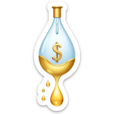 pipette above a shiny gold droplet, dollar sign visible inside the drop sticker