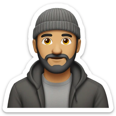 mexican man, mid twenties, full beard, beanie, gray shirt sticker