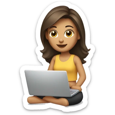 a young brunette woman sitting cross-legged with her laptop on her lap sticker