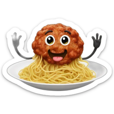 Spaghetti and meatballs with a face, arms and legs, doing something random sticker