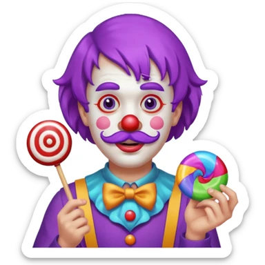 Funny clown — purple wig, mustache, candy in hand sticker
