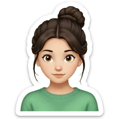 a girl with long dark brown hair with high disheveled bun in light green sweater, a slight smile, brown eyes sticker