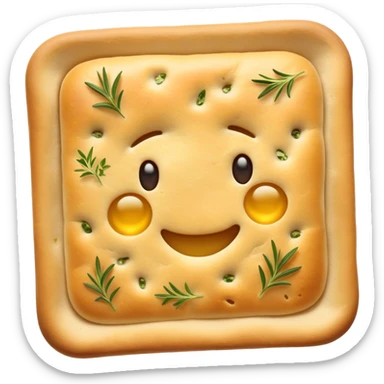 Cinematic Realistic Focaccia Bread Dish Emoji, depicted as a golden, olive oil brushed flatbread sprinkled with herbs rendered with lifelike texture and soft, appetizing lighting. sticker