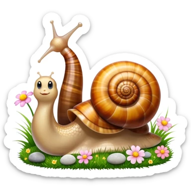 Close-up of large home snails inside a terrarium, showcasing their soft, spiral shells and glistening bodies, with a gentle light highlighting their details. With stones and grass and flowers. Transparent background. sticker