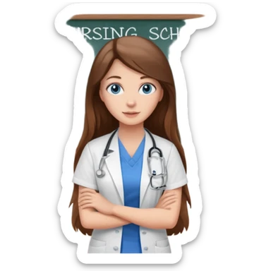 university classroom that says nursing school on the board with a pretty female nursing student with long brown hair, blue eyes sticker