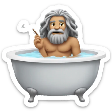 Caveman with long gray hair and a gray goatee sitting in a jacuzzi tub and smoking a joint sticker