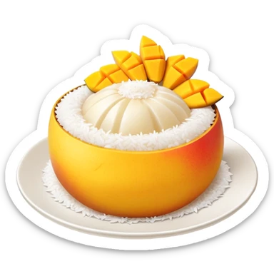 cinematic-realistic-mango-sticky-rice-dessert-emoji,-showcasing-sweet-sticky-rice out of a mould-paired-with-ripe-mango-slices-and-coconut-milk-rendered-with-lifelike-detail-and-warm,-inviting-lighting with the coconut  milk over the rice sticker