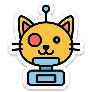 cartoon style emoji mashup of a cat and a robot, flat icon, white background, cat head with robotic features sticker