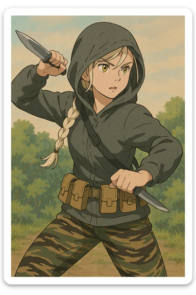 1 female, mid-20's  white hair long braid, gold yellow eyes, gray rainproof hoodie, hood up, single point sling, tan mag pouches on belt rig, tiger stripe camo pants, holding a combat blade, striking, swing sticker