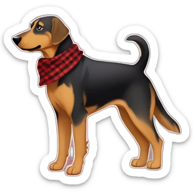adult 75% Coonhound 25% German Shepherd mix dog with visible tail wearing small pointed red buffalo plaid bandana full body walking left quickly sticker