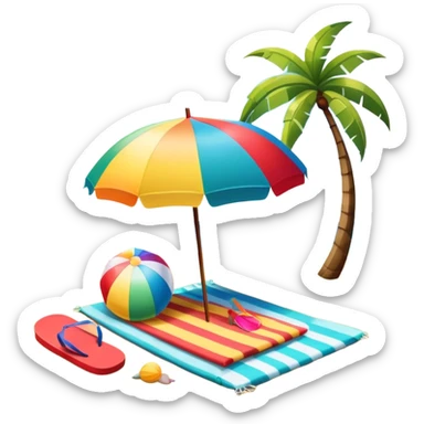 Icon for Beach Tourism: a sun umbrella, beach ball, flip-flops, and a beach towel on the sand, with the ocean and palm trees in the background. The icon should represent relaxation and fun at the beach. Transparent background. sticker