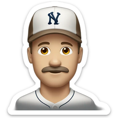 white man with brown chops and ny baseball cap and mustache sticker