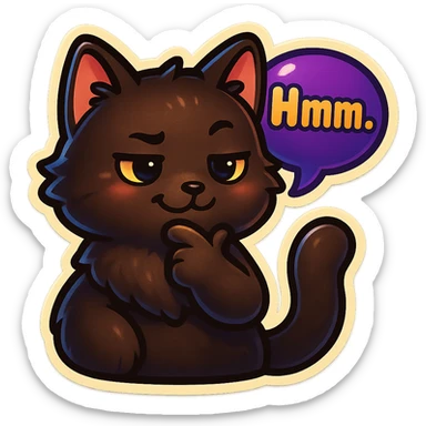 a dark-brown fluffy cute kawaii anime cat thinking smirking thoughtfully, saying “Hmm..” with a purple speech bubble sticker