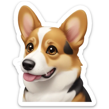 a tricolor corgi. lots of black on the head around the eyes, beige and white on the muzzle. a white spot on the forehead, sticking out the tongue sticker