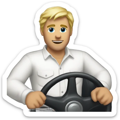 blond man with white button-down shirt behind a steering wheel sticker