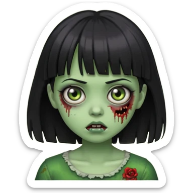 garota zumbi com franja, cabelo preto, pele esverdeada, olhos grandes, estilo emoji de iPhone sticker