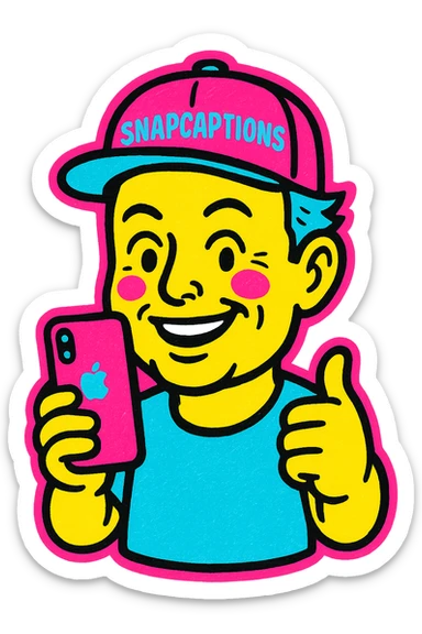 sticker of Elon Musk wearing a cap labeled 'Snapcaptions' and holding an iPhone, vibrant, fun, suitable for social media sticker