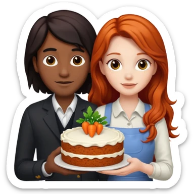 Redhead girl and black long haired guy with carrot cake sticker