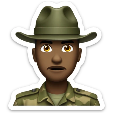 drill sergeant character wearing a classic sergeant hat and a camouflage army shirt. The character should have an angry intense expression. full torso sticker
