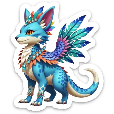 Kawaii cute colorful warm-colored exotic tropical beautiful pretty elegant divine edgy feline-vernid-sergal-Fakémon-Pokémon-fursona-animal-creature with accessories, jewelries, full body, with intricate detailed markings, feathers, crystals, fins, scales, headdress sticker