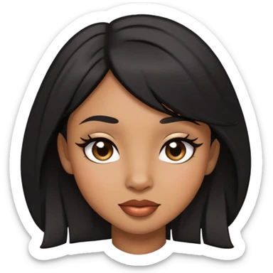 light brown skin girl with small lips, black layered hair, doe eyes, winking sticker