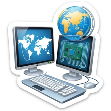 An icon featuring a computer monitor displaying code, a globe with network nodes, and a circuit board, symbolizing IT. The design includes data streams, cloud storage, and a keyboard, representing digital innovation, connectivity, and problem-solving. Transparent background sticker