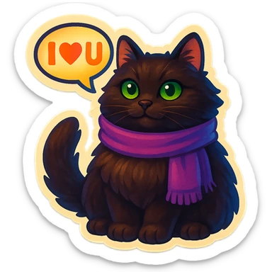 Fluffy dark-brown cat with green eyes and a purple scarf saying ‘I ♡ U’ (with a speech bubble) sticker