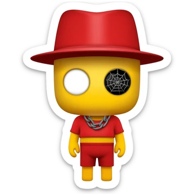 Make a yellow character with a black spider as a eye and a normal eye and a red top and shorts and a grey spider chain and a red hat sticker