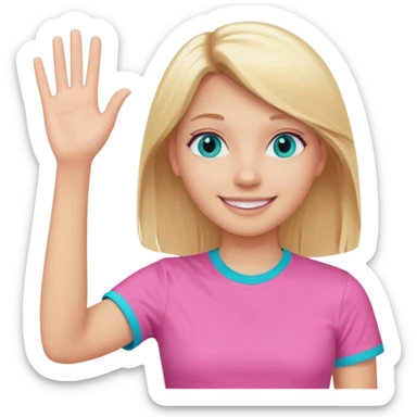 blonde girl, straight hair, turquoise eyes and pink t-shirt waving, smiling face sticker
