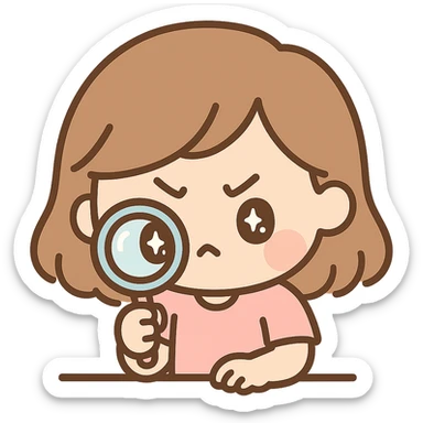 chibi cute girl with brown hair, concentrating hard while using a magnifying lens sticker