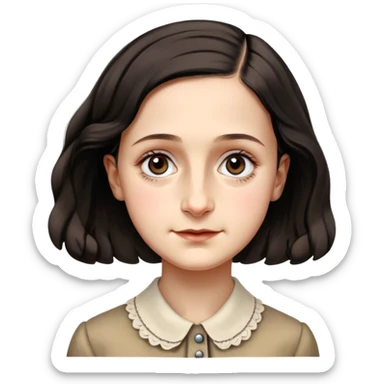 Anne Frank – Cinematic Realistic Portrait of Anne Frank, depicted with a reflective, gentle expression in period clothing, her eyes conveying hope and resilience, rendered with soft, natural lighting and delicate textures that capture the poignancy of her legacy. sticker