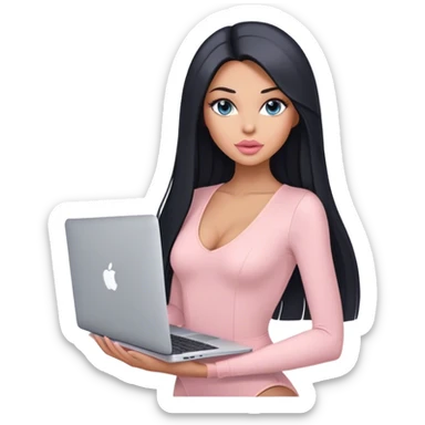 Glamours, tanned, very beautiful girl, with big pump peach-beige-rose lips, black straight smooth silky long hair, straight parting hair, blue-grey eyes, in light-pink bodysuit holding MacBook sticker